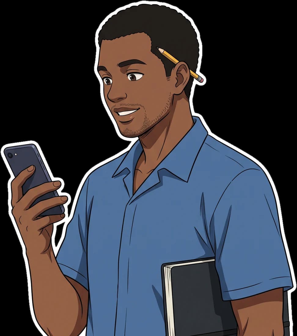 Bacar, de camisa azul e lápis atrás da orelha, a olhar para o telemóvel.