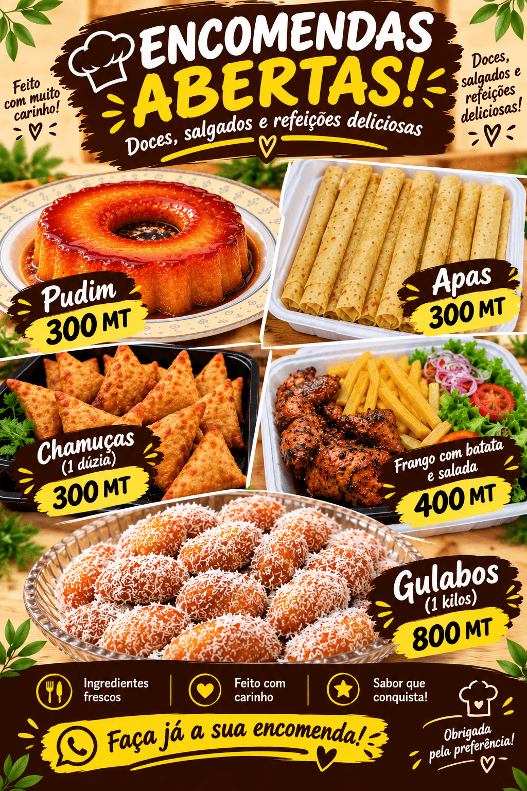 gulabos, chamuças, apas , pudim , frango e batata tudo fresca da Lídia